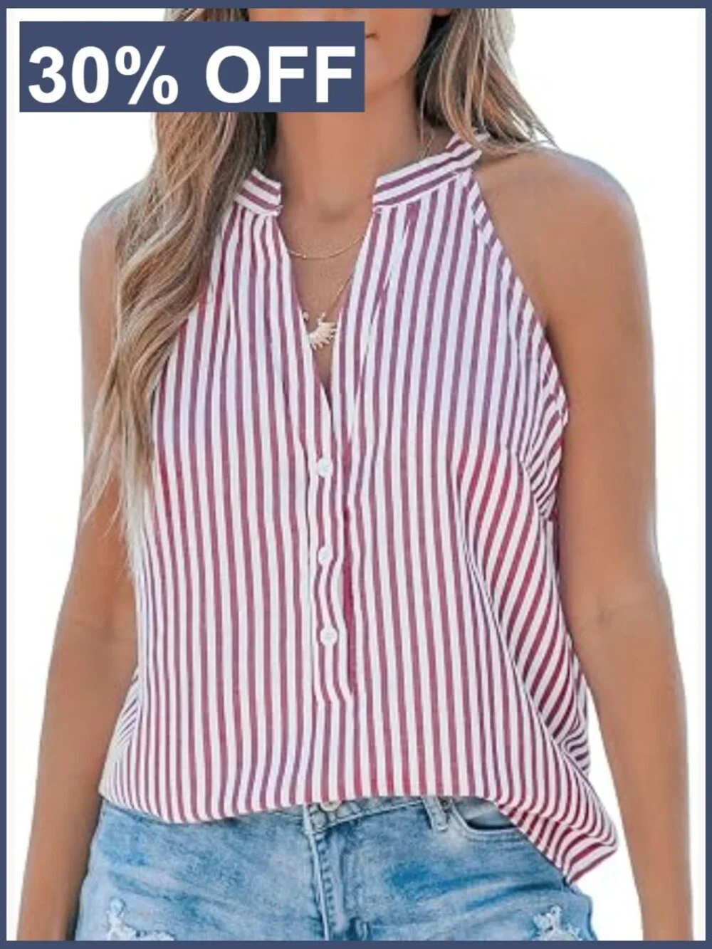 CUPSHE Women's Striped V-Neck Tank Top Button Front Sleeveless